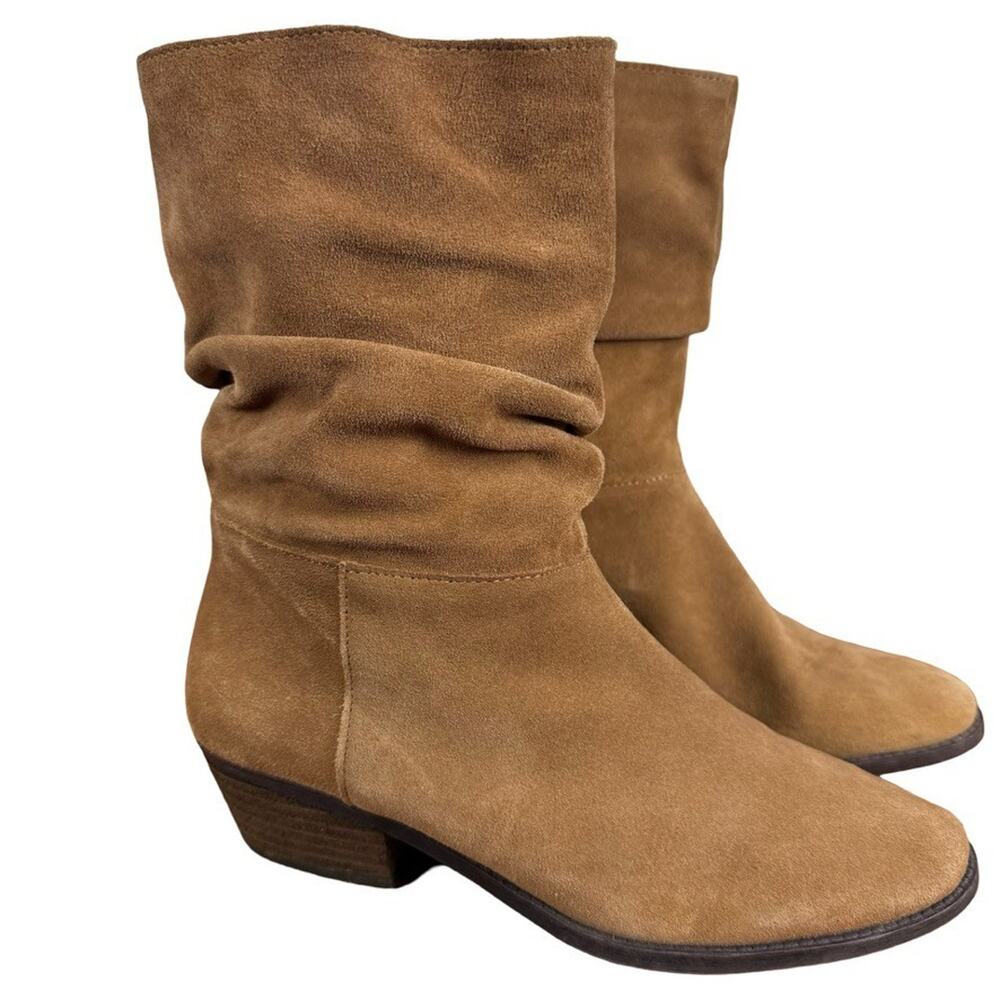 Jessica Simpson Gilford Tan Brown Suede Leather Chunky Heel Slouch Boots sz 7